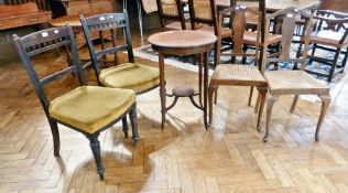 Mahogany occasional table, with undershelf on square tapering supports, pair oak dining chairs