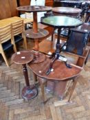 Chequerboard circular occasional table, jardiniere stand, demi-lune side table and a stained wood