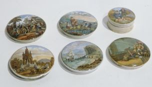 Six pot lids, one with base viz:- figures fishing, "The Chin Chew River", "Albert Memorial", "The