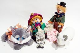 Russ "Smokey" cat, knitted doll and other dolls and soft toys (1 box)