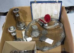 A pair of silver plate candlesticks, circular tray, horn cup, etc.