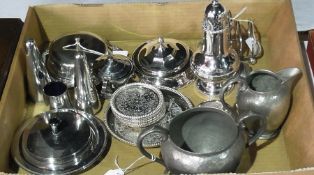 A quantity of plated items to include:- muffin dish, butter dish, sugar sifter, salt, pepper pots,