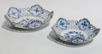 Meissen blue and white porcelain shallow dish, stylised floral and tree decorated, with trellis