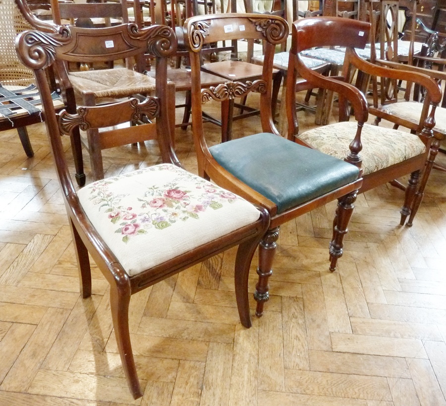 William IV/early Victorian mahogany dining chair with foliate carved overhanging shoulder board,