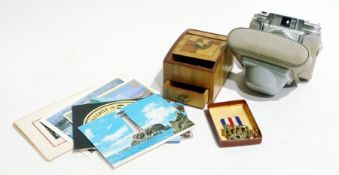 A Baura Bilora 66 camera, quantity postcards, R.H.A badge and other badges, etc (1 box)