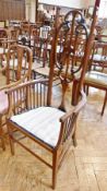 Edwardian inlaid mahogany occasional chair, the tall back with line inlaid scroll uprights, open