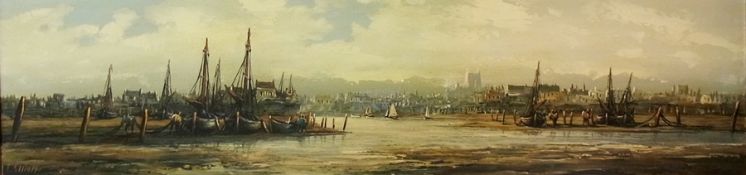 Oil on board 
F. Elliott
Harbour scene, signed, 29 x 120cm