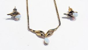 Pair of gilt metal and opal-coloured stone earrings with matching necklace, each with teardrop-