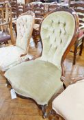 Victorian mahogany drawing room chair, the waisted back with floral carved pediment, serpentine-