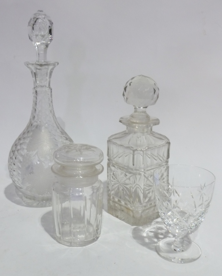 Pair engraved glass and cut glass wine decanters, ball and shaft shape pattern, two others, cut