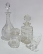 Pair engraved glass and cut glass wine decanters, ball and shaft shape pattern, two others, cut