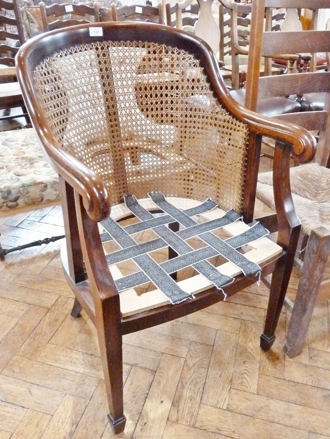 Victorian drawing room chair frame with buttoned back, serpentine fronted seat, on turned tapering