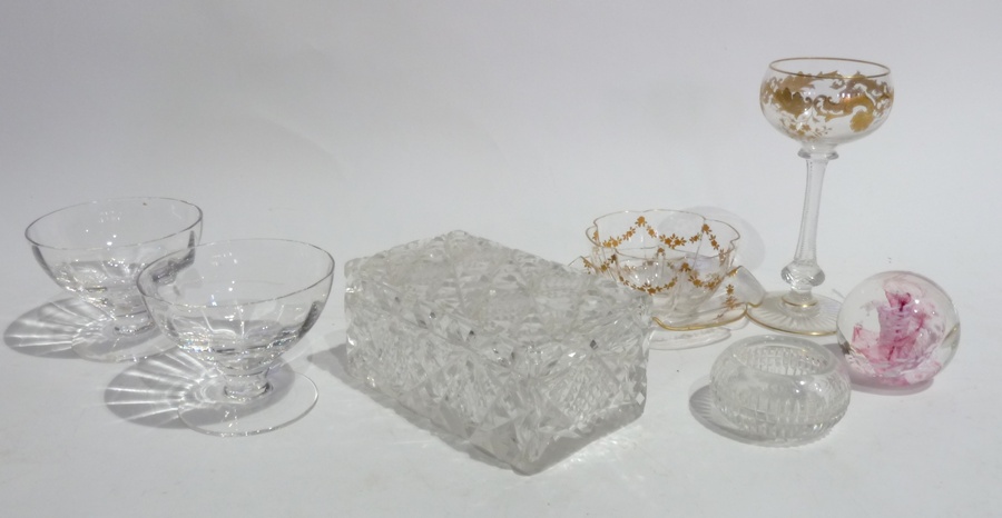 Single cut hock glass, with gilt decorated bowl and foot, gilt decorated small lobed glass dish