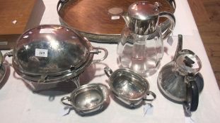 EPNS teapot marked on base Cohr Denmark, silver plate sugar bowl and matching cream jug, revolving