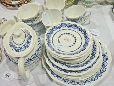 Royal Crown Derby blue and white teaset, all with scroll and foliate gouache borders, including