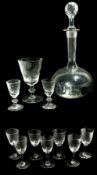 Victorian tall neck decanter, with facet cut stopper together with six Edwardian wine glasses, a