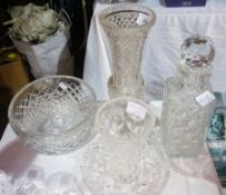 19th century diamond cut glass tall neck vase, on a square base, together with two cut glass