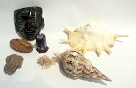 Various exotic items to include shells, carved inlaid box, carved polished stone mask head, etc (1