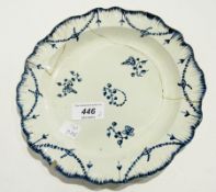Early English Delft plate with scallop border, stylised floral, clay painted, probably 18th century