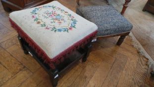 Oak stool with stuffover top, in blue and gold brocade and stained oak footstool with woolwork