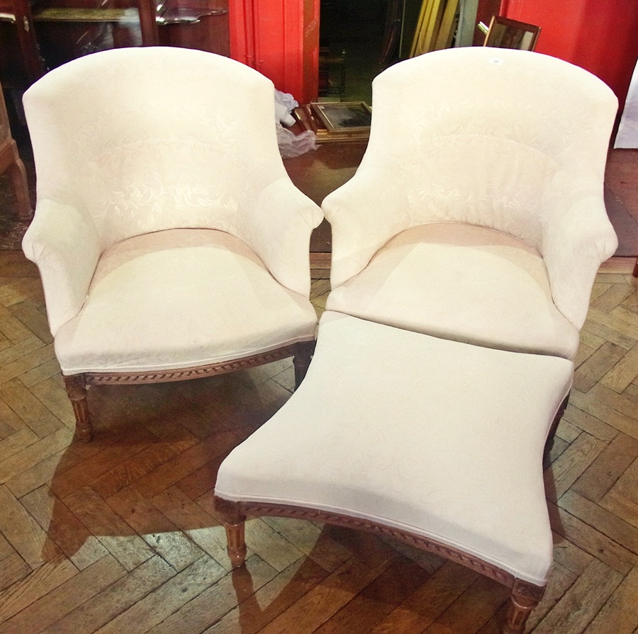 Louis XV style cream damask upholstered drawing room duchesse brisee viz:- pair armchairs with