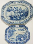 Two 18th century chinese blue and white plates of rectangular octagonal form, each depicting river