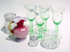 Four pale green glass wine goblets, a pink enamel glass decorative jug, a powder pot and cover, a