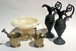 Marble rectangular lidded box, similar pedestal bowl, two brass pestles and mortars and a pair of