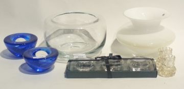 Pair of Kosta Boda blue glass candle holders together with a boxed set of three glass candle