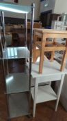 Modern frosted glass and chrome four-tier shelf rack, white painted two-tier table and a pine stool