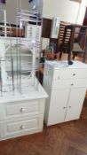 White bathroom cabinet with two drawers and cupboard, bedside chest, wall-hanging glazed cabinet and