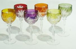 Set of harlequin hock goblets with engraved bowls, on faceted stems to circular foot (6)