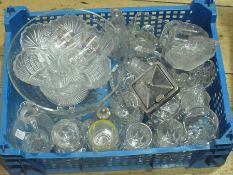 Quantity of glassware to include:- custard cups, pressed glass bowl, glass salt, decanter stoppers