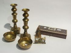 Quantity of brassware including a pair of baluster candlesticks together with a parquetry inlaid