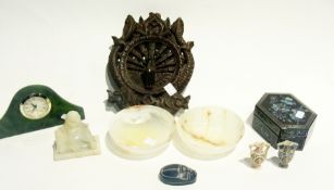 A quantity of decorative ornaments to include animal carvings, pair of alabaster dishes etc.