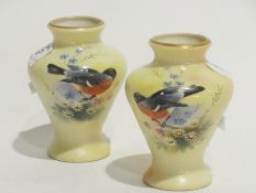 Pair Locke & Co Worcester porcelain vases painted with birds, signed "Lewis", 10cm high