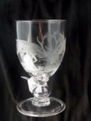 Engraved glass goblet depicting fighting stags, signed "W G Webb", on a baluster pedestal and a