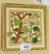 Mintons earthenware tile printed with flowering apple blossom, three variously framed Art Nouveau