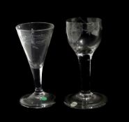 Georgian wine glass with ogee bowl, engraved with swirl pattern, raised on a circular folded foot