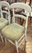 Two painted wood Victorian bedroom chairs and two pine kitchen dining chairs