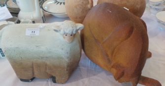 Studio pottery model sheep, another cat and 2 classical style pots and stands