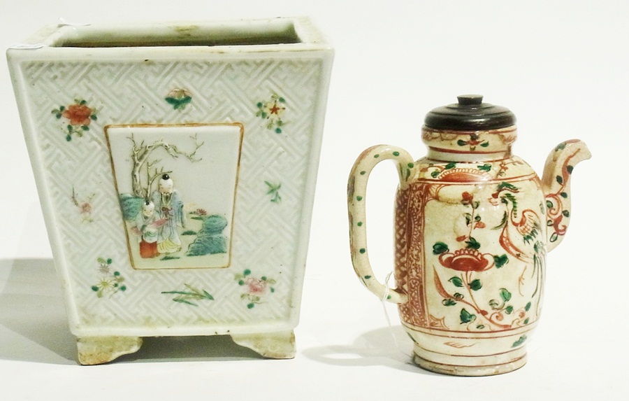 Chinese porcelain jardiniere of square tapering form, of moulded basket weave design and handpainted