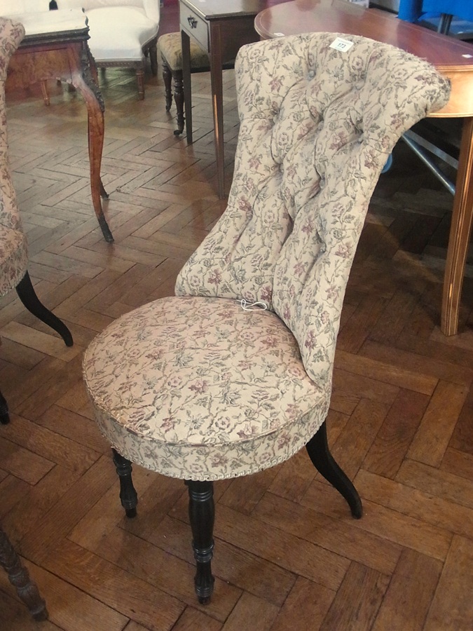 Set of four Victorian drawing room chairs, each with curved waisted and buttoned back and