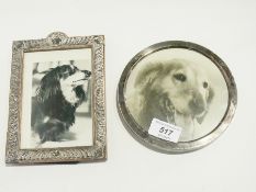 Silver circular photograph frame together with a silver photograph frame, repousse design,