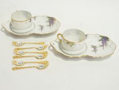 Five Soho china eggshell teacup saucer/plates, Wisteria decorated and six gilt metal floral