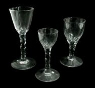 Old English wine glass of trumpet shape, diamond cut faceted stem, raised on a circular foot, height