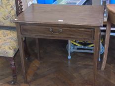 Edwardian inlaid mahogany side table with single drawer, all with stringing, on square tapering
