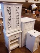 White painted bedside table with under-shelf and single drawer, small cupboard with scroll doors,