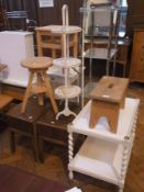 White and gilt painted tea trolley, similar folding cake stand, two bedside cabinets and two stools