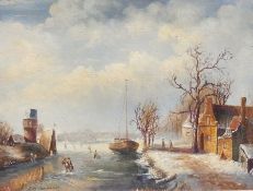 Oil on board
Jan Vanderbilt 
Winter scene with figures skating on frozen river, with houses and